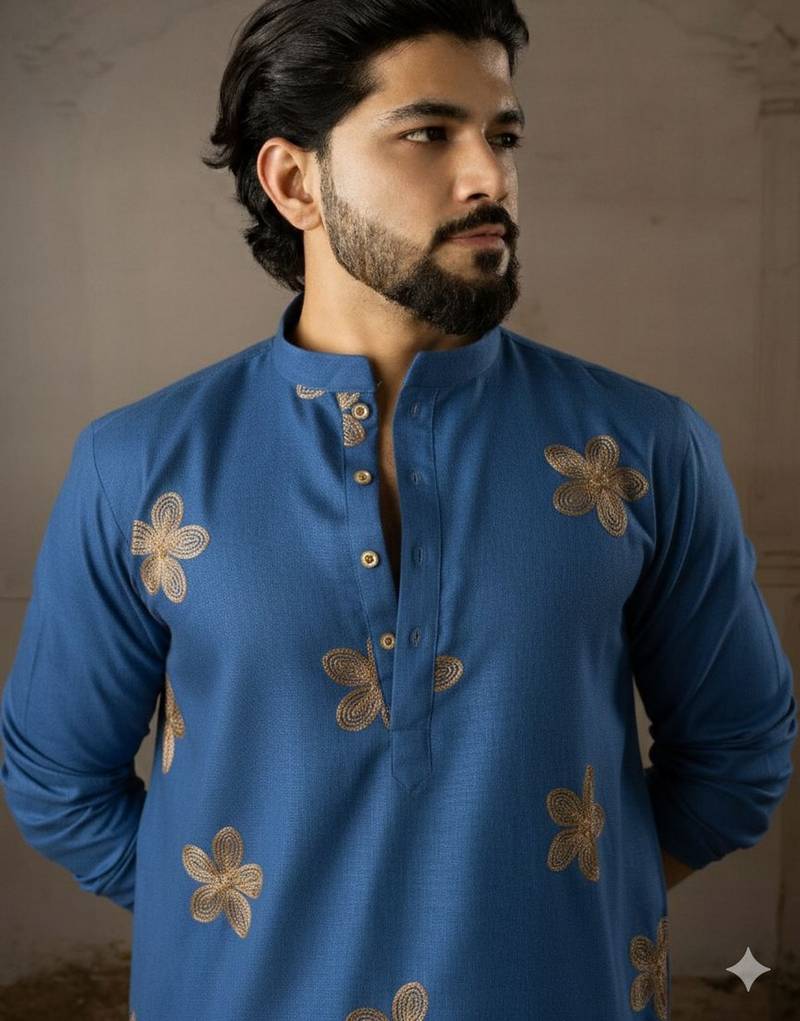 Blue color linen fabric designer embroidered festive special kurta for men