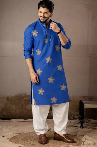 Blue color linen fabric designer embroidered festive special kurta for men