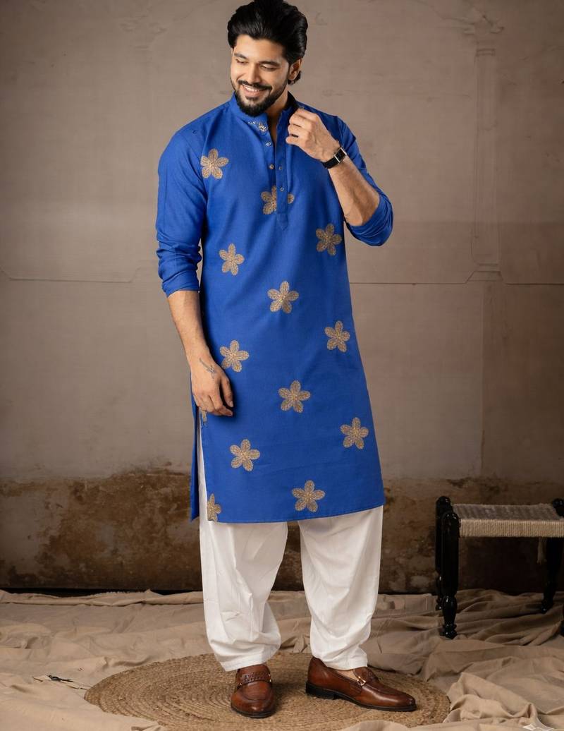 Blue color linen fabric designer embroidered festive special kurta for men
