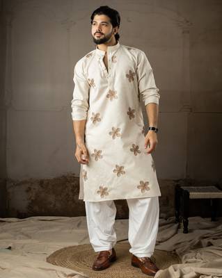 Beige color linen fabric designer embroidered festive special kurta for men 1