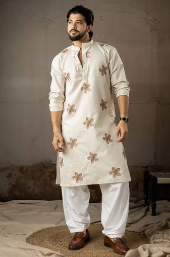 Beige color linen fabric designer embroidered festive special kurta for men