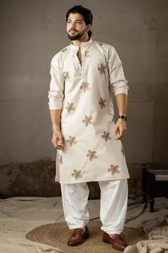 Beige color linen fabric designer embroidered festive special kurta for men