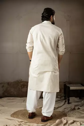 Beige color linen fabric designer embroidered festive special kurta for men