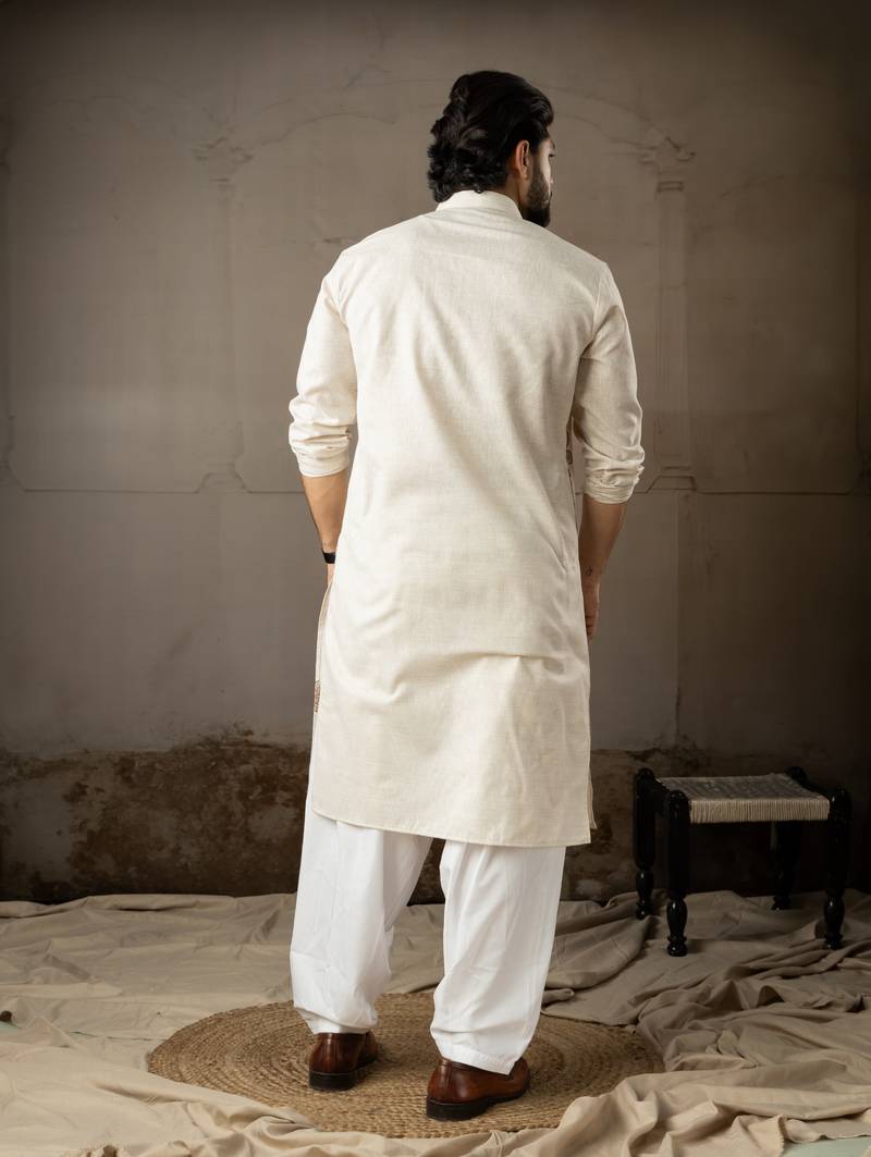 Beige color linen fabric designer embroidered festive special kurta for men