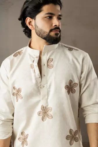 Beige color linen fabric designer embroidered festive special kurta for men