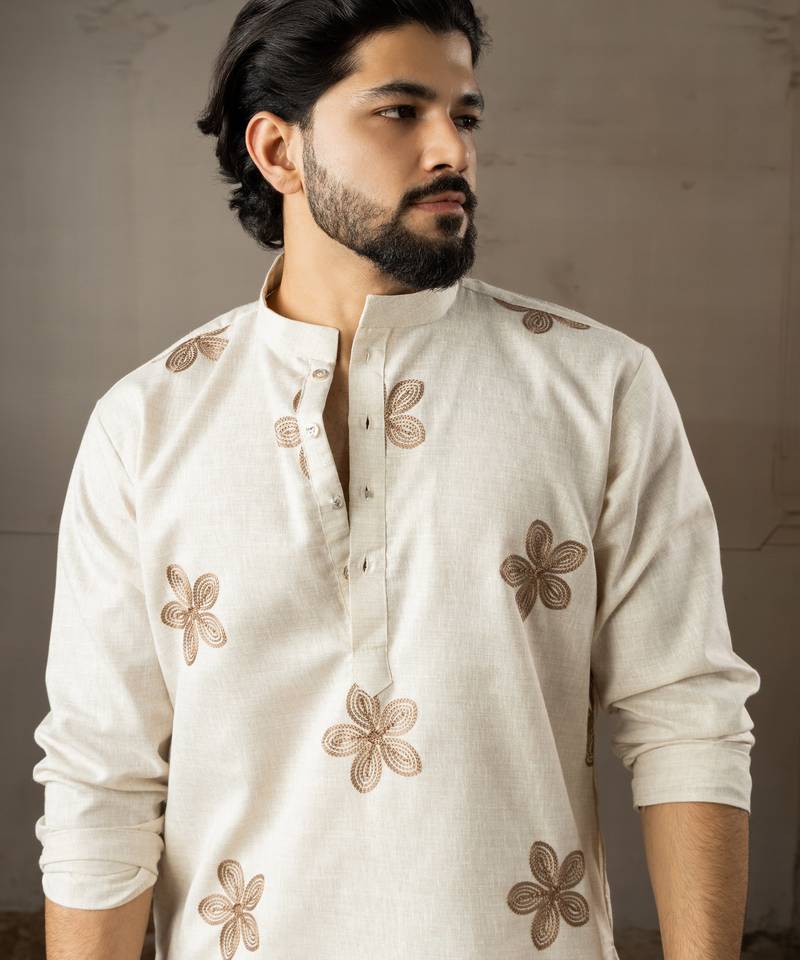 Beige color linen fabric designer embroidered festive special kurta for men