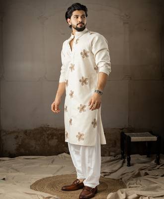 Beige color linen fabric designer embroidered festive special kurta for men 4