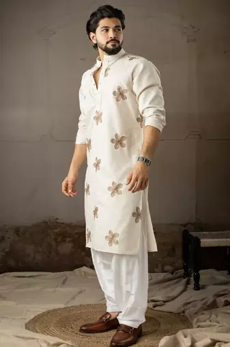 Beige color linen fabric designer embroidered festive special kurta for men