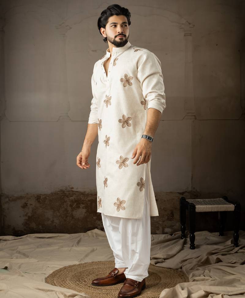 Beige color linen fabric designer embroidered festive special kurta for men