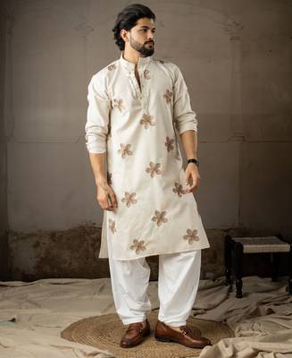 Beige color linen fabric designer embroidered festive special kurta for men 5