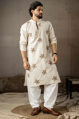 Beige color linen fabric designer embroidered festive special kurta for men
