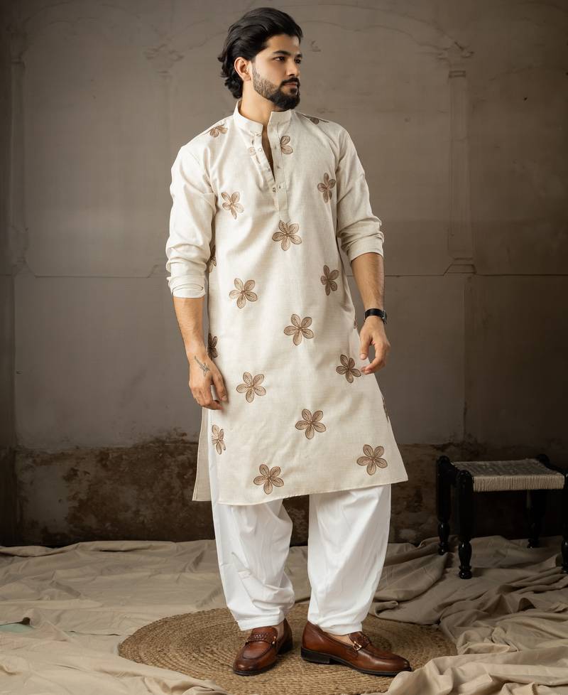 Beige color linen fabric designer embroidered festive special kurta for men