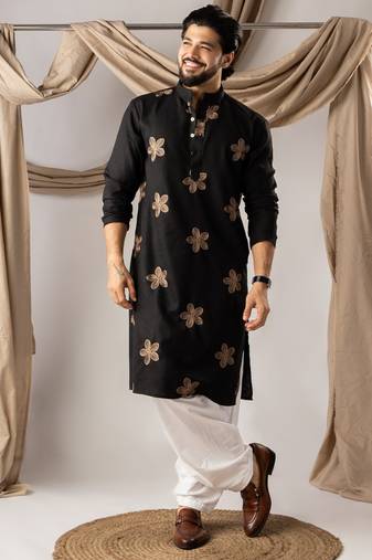 Black color linen fabric designer embroidered festive special kurta for men