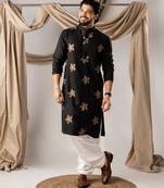 Black color linen fabric designer embroidered festive special kurta for men