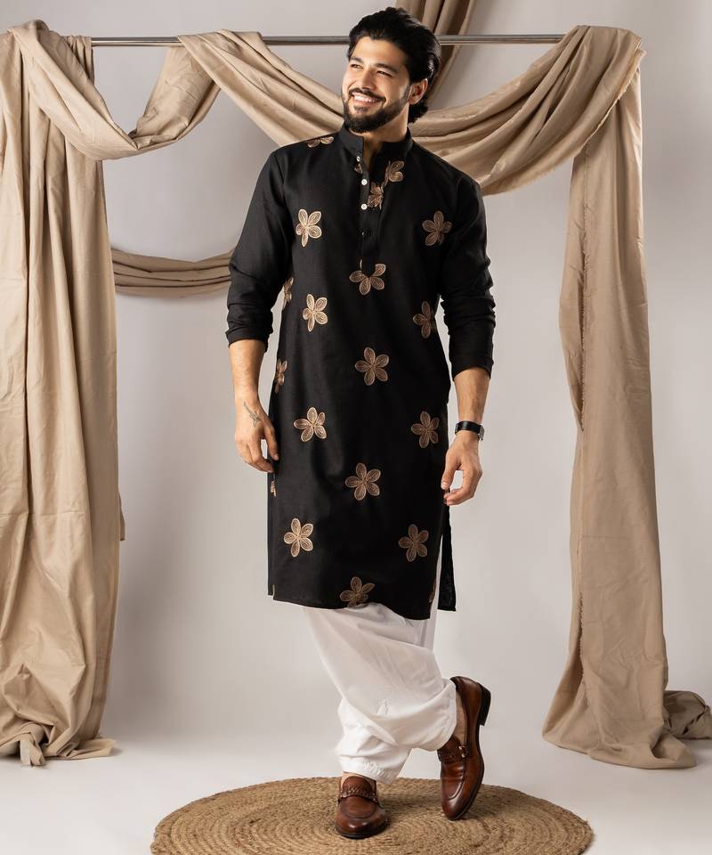 Black color linen fabric designer embroidered festive special kurta for men