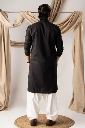 Black color linen fabric designer embroidered festive special kurta for men