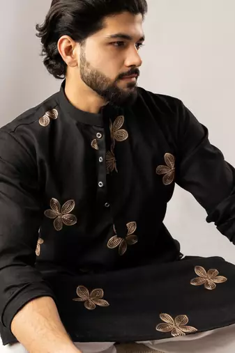 Black color linen fabric designer embroidered festive special kurta for men