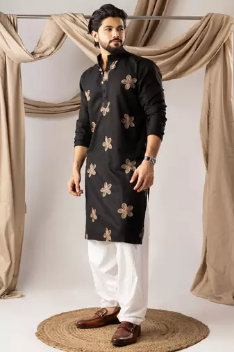 Black color linen fabric designer embroidered festive special kurta for men