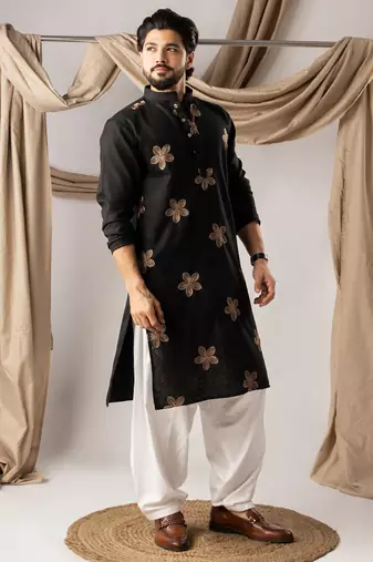 Black color linen fabric designer embroidered festive special kurta for men