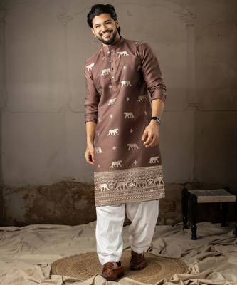 Brown color rayon fabric designer embroidered partywear kurta payjama for men 1