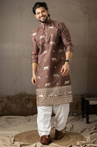 Brown color rayon fabric designer embroidered partywear kurta payjama for men