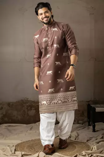 Brown color rayon fabric designer embroidered partywear kurta payjama for men