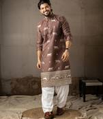 Brown color rayon fabric designer embroidered partywear kurta payjama for men