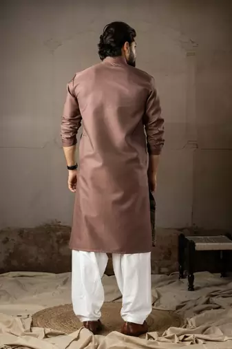 Brown color rayon fabric designer embroidered partywear kurta payjama for men