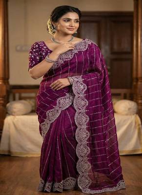 Purple Color  Sequence embroidery work with Cut work border  Chiffon art silk saree  1
