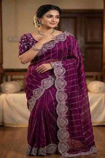 Purple Color  Sequence embroidery work with Cut work border  Chiffon Silk Saree 