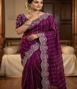 Purple Color  Sequence embroidery work with Cut work border  Chiffon art silk saree 
