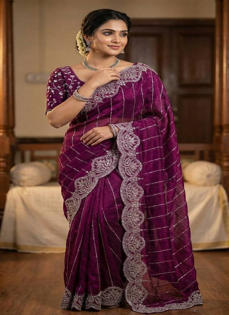 Purple Color  Sequence embroidery work with Cut work border  Chiffon Silk Saree 