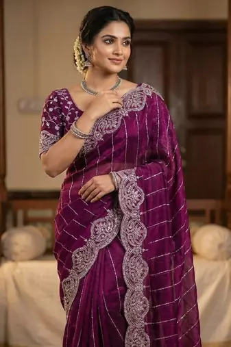 Purple Color  Sequence embroidery work with Cut work border  Chiffon Silk Saree 