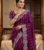 Purple Color  Sequence embroidery work with Cut work border  Chiffon Silk Saree 