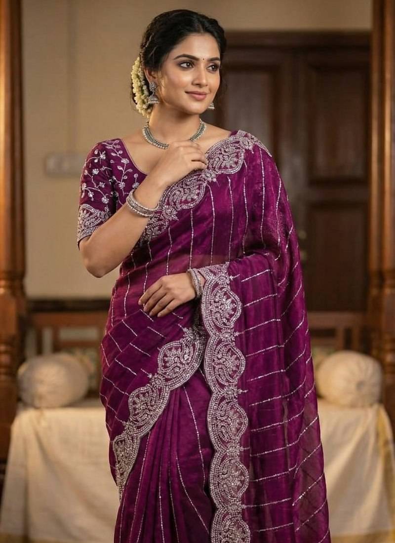 Purple Color  Sequence embroidery work with Cut work border  Chiffon Silk Saree 