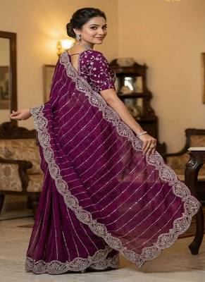 Purple Color  Sequence embroidery work with Cut work border  Chiffon art silk saree  2