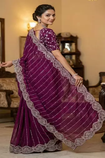 Purple Color  Sequence embroidery work with Cut work border  Chiffon art silk saree 