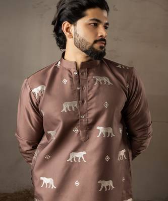 Brown color rayon fabric designer embroidered partywear kurta payjama for men 3