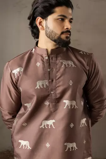 Brown color rayon fabric designer embroidered partywear kurta payjama for men