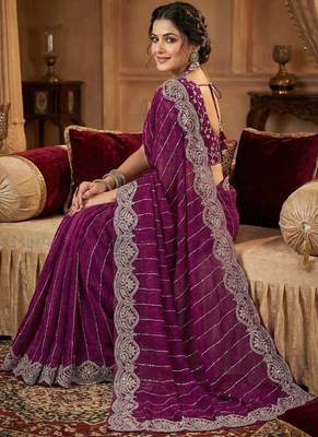 Purple Color  Sequence embroidery work with Cut work border  Chiffon art silk saree  3