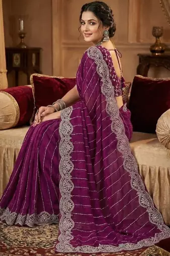 Purple Color  Sequence embroidery work with Cut work border  Chiffon art silk saree 