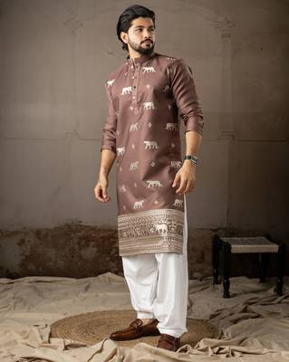 Brown color rayon fabric designer embroidered partywear kurta payjama for men 4