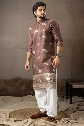 Brown color rayon fabric designer embroidered partywear kurta payjama for men