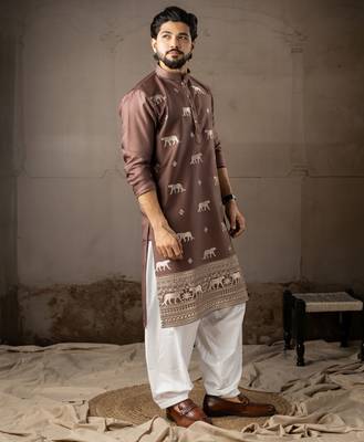Brown color rayon fabric designer embroidered partywear kurta payjama for men 5