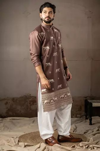 Brown color rayon fabric designer embroidered partywear kurta payjama for men