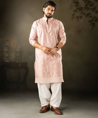 Pink color rayon fabric designer embroidered partywear kurta payjama for men 1