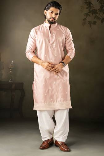 Pink color rayon fabric designer embroidered partywear kurta payjama for men