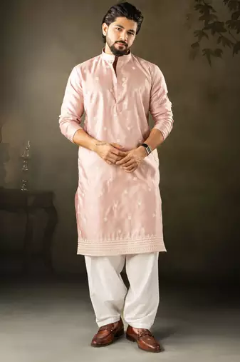 Pink color rayon fabric designer embroidered partywear kurta payjama for men