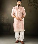 Pink color rayon fabric designer embroidered partywear kurta payjama for men