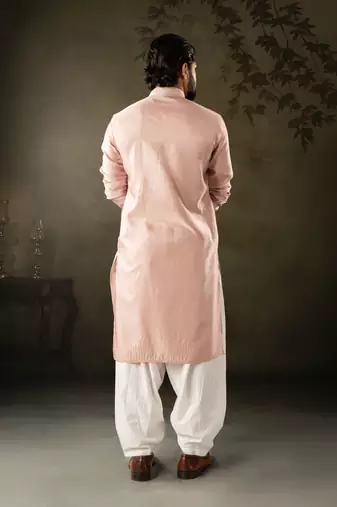 Pink color rayon fabric designer embroidered partywear kurta payjama for men